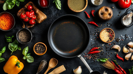 A vibrant flat lay of various cooking pots and pans arranged with fresh ingredients, spices, and utensils, showcasing the essentials for a home-cooked meal.の素材