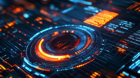 A close-up of a futuristic D donut chart with segmented, glowing parts, floating above a digital grid, representing complex financial dataの素材