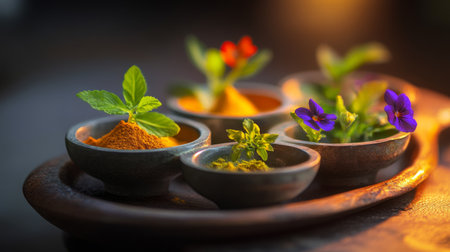 An artistic arrangement of a variety of Indian spices and herbs in small bowls, with turmeric, cumin, and coriander creating a colorful and aromatic displayの素材