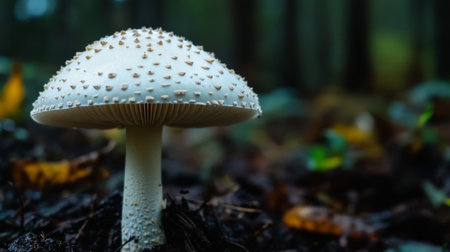 A close-up of a mushroom stem with tiny water droplets on its surface, set against a blurred background of dark earth and surrounding vegetationの素材