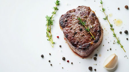 A beautifully plated steak, with a perfect sear and garnished with fresh thyme and garlic, served on a clean, white surface for a minimalist presentationの素材