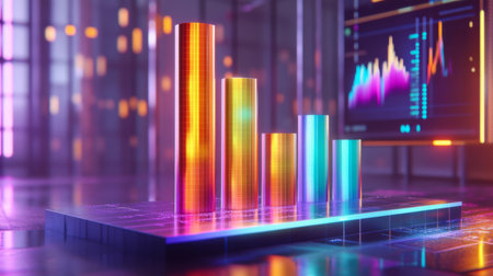 A D bar chart with metallic, gradient bars rising from a financial graph, showing growth and progress, with a modern digital interface in the backgroundの素材