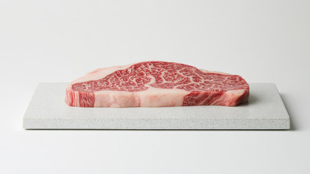 A beautifully marbled slab of wagyu beef, placed on a clean white surface, with subtle lighting to highlight the intricate fat distributionの素材