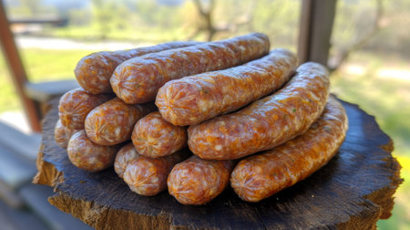 A close-up of various types of sausages in their natural casing, with a rustic backdrop, emphasizing the artisanal quality and craftsmanship involved in making themの素材