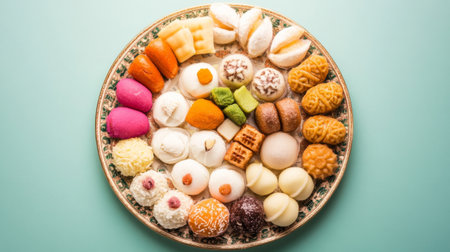 A colorful flat lay of various Indian sweets, including gulab jamun, jalebi, and barfi, arranged artfully on a decorative platter, celebrating the richness of Indian dessertsの素材