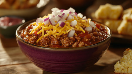 A cozy setting featuring a warm bowl of chili topped with cheese and onions, served with cornbread, set on a rustic table with a warm ambianceの素材