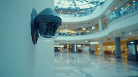 A CCTV camera mounted on a white wall of a shopping mall, with the background blurred to highlight the devices design and functionの素材