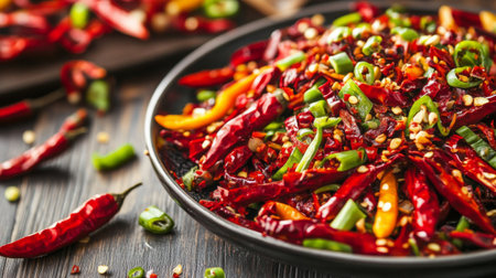 A close-up of a plate of spicy dishes garnished with chopped chilies, with vibrant colors and textures creating a tantalizing culinary experienceの素材