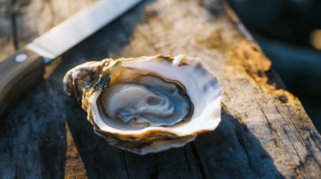 A close-up of a freshly shucked oyster, glistening in the sunlight, resting on a rustic wooden surface with a knife beside itの素材