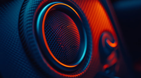 A close-up of a sleek, round car speaker embedded in a door panel, with brushed metal detailing and soft lighting highlighting the speaker grilleの素材