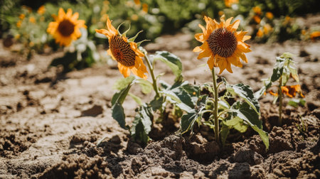 A close-up of wilting flowers and dry soil in a garden, highlighting the effects of heatwaves and drought on agriculture and plant life due to rising temperaturesの素材