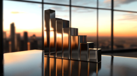 A D stacked bar chart with metallic bars in ascending order, placed on a reflective surface, highlighting financial progress in a clean, minimalist designの素材