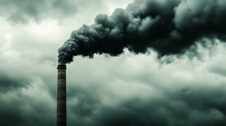 A column of dark smoke rising from an industrial chimney, set against a cloudy sky, capturing the contrast between technology and natureの素材