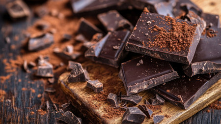 A close-up of rich, dark chocolate pieces scattered on a rustic wooden surface, with cocoa powder dusted around and a few chocolate shavings on topの素材