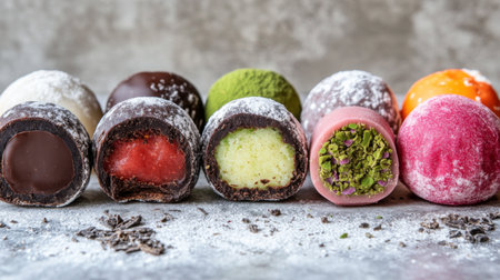 A close-up of different flavored daifuku, with vibrant colors and textures, showcasing fillings like chocolate, fruit, and matcha, against a neutral backgroundの素材