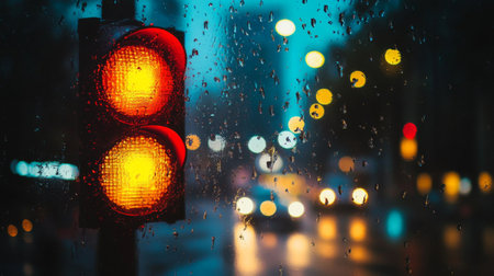 A creative angle of a traffic light viewed through the windshield of a car, with raindrops visible, adding a moody atmosphere to the sceneの素材