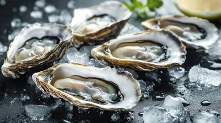 A collection of opened oysters on a bed of ice, with visible droplets and reflections, showcasing their freshness and enticing appearanceの素材