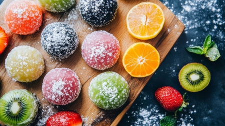 A colorful assortment of daifuku displayed on a wooden board, showcasing different fillings like matcha, strawberry, and mochi, with fresh fruits alongsideの素材