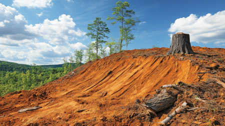 A deforested hillside with barren, dry soil and a few remaining stumps, showing the environmental degradation linked to global warmingの素材