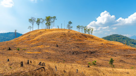 A deforested hillside with barren, dry soil and a few remaining stumps, showing the environmental degradation linked to global warmingの素材