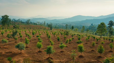 A panoramic view of a hillside covered in small, newly planted trees, with mountains in the distance, showing the large-scale impact of reforestationの素材