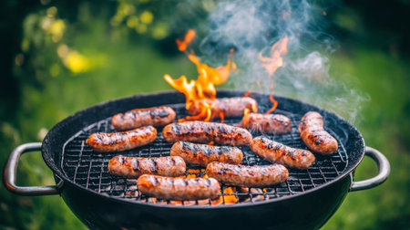 A dynamic shot of sausages sizzling on a barbecue grill, with flames and smoke adding to the mouthwatering appeal of outdoor cooking and summertime gatheringsの素材