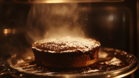 A dramatic shot of a chocolate souffl rising in the oven, with a rich brown color and a dusting of powdered sugar on top, emphasizing its airy textureの素材
