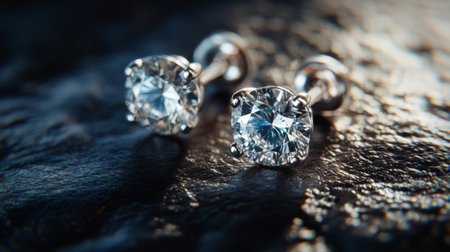 A detailed macro view of a pair of classic diamond earrings resting on a textured surface, with soft shadows enhancing the depth and dimensionの素材