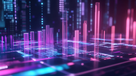 A dynamic D bar chart with translucent bars in different heights, hovering over a futuristic financial dashboard with glowing elementsの素材