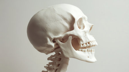 A detailed view of the human skull and jawbone, with visible teeth and nasal cavity, presented in a clean, minimalistic spaceの素材