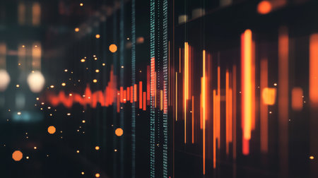 A financial bar chart with translucent bars in ascending order, placed on a dark, sleek background with glowing data points floating aroundの素材
