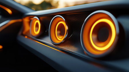 A futuristic D car audio system with glowing speaker cones, integrated seamlessly into the dashboard, set in a modern, luxury car interiorの素材