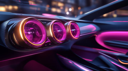 A futuristic D car audio system with glowing speaker cones, integrated seamlessly into the dashboard, set in a modern, luxury car interiorの素材