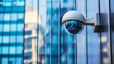 A high-tech CCTV camera mounted on a glass faade of a modern office building, reflecting the cityscape in the backgroundの素材