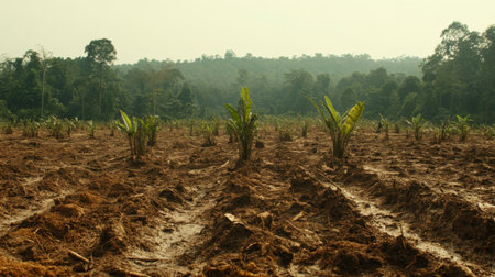 A reforested area with tall, sturdy trees standing next to smaller, freshly planted ones, showing the progression of forest regenerationの素材