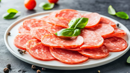 A creative composition of sliced sausages arranged in a spiral on a white plate, garnished with herbs, showcasing the delicious textures and colors of the dishの素材