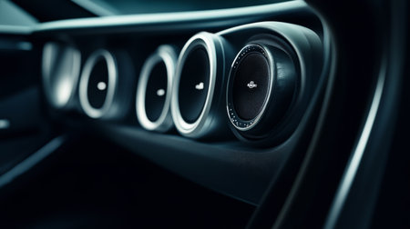 A minimalist car interior with discreetly integrated speakers, focusing on clean lines and premium materials, with soft lighting enhancing the luxury feelの素材