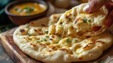 A picturesque scene of freshly baked naan bread being pulled apart, showcasing its soft, pillowy texture, with a small bowl of curry in the backgroundの素材