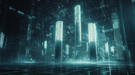 A futuristic D bar chart with tall, glowing columns and an upward trending arrow, hovering over a dark digital background filled with grid patternsの素材