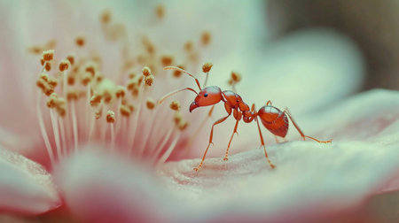 A macro shot of an ant navigating through a small flower, emphasizing its delicate features and the beauty of the natural surroundingsの素材