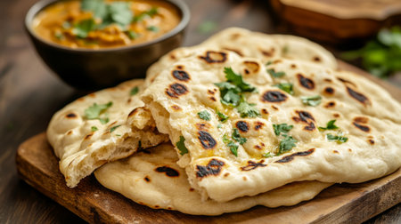 A picturesque scene of freshly baked naan bread being pulled apart, showcasing its soft, pillowy texture, with a small bowl of curry in the backgroundの素材