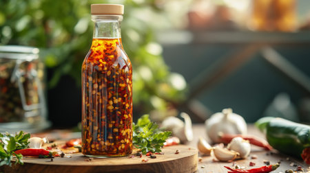 A serene image of a bottle of homemade chili oil on a wooden table, surrounded by fresh ingredients like garlic and herbs, evoking a warm and inviting kitchen vibeの素材