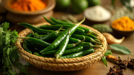 A serene image of fresh green chilies resting in a woven basket, surrounded by spices and aromatic herbs, capturing the essence of traditional cookingの素材