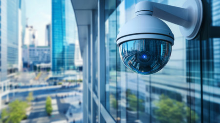 A high-tech CCTV camera mounted on a glass faade of a modern office building, reflecting the cityscape in the backgroundの素材