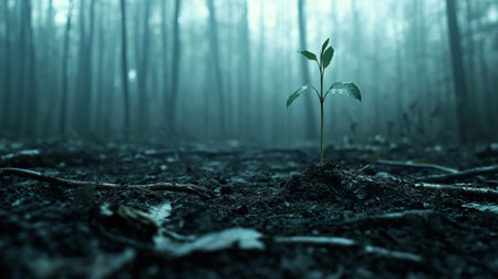 A sapling growing in a small patch of cleared forest floor, surrounded by rich, dark soil and scattered fallen branches, symbolizing new lifeの素材