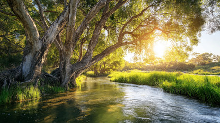 A scenic view of a riverbank with trees wilting under intense sunlight, contrasting with a lush green area nearby, highlighting the effects of climate change on ecosystemsの素材