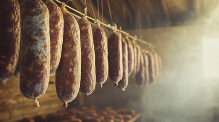 A serene image of sausages hanging in a traditional smokehouse, with a rustic background, capturing the artisanal process of sausage-making and smokingの素材