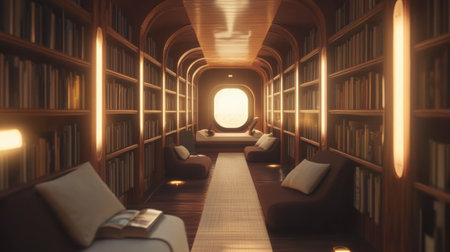A serene hallway lined with bookshelves, soft lighting, and a comfortable reading nook at the end, creating an inviting space for relaxation and leisureの素材