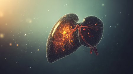 A medical illustration of a human liver with its lobes and blood vessels clearly visible, floating in a minimalistic space with soft lightingの素材