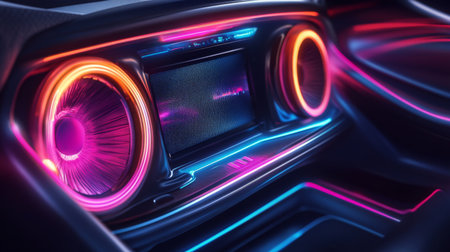A futuristic, glowing car speaker embedded in the rear seat panel, with neon lighting reflecting off the surrounding interior, set in a high-tech vehicleの素材